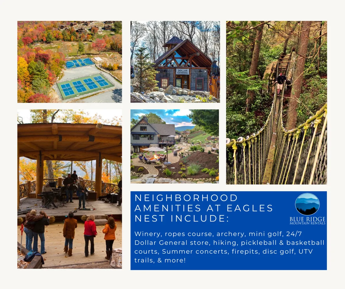A vibrant exterior view of Eagles Nest's Great Camp area, capturing the ropes course, mini-golf course, concert stage, and families engaged in various outdoor activities such as mini-golf, hiking, archery, and enjoying firepits. The setting is lively, with luxurious cabins in the background and groups of people bonding and having fun under an open sky.